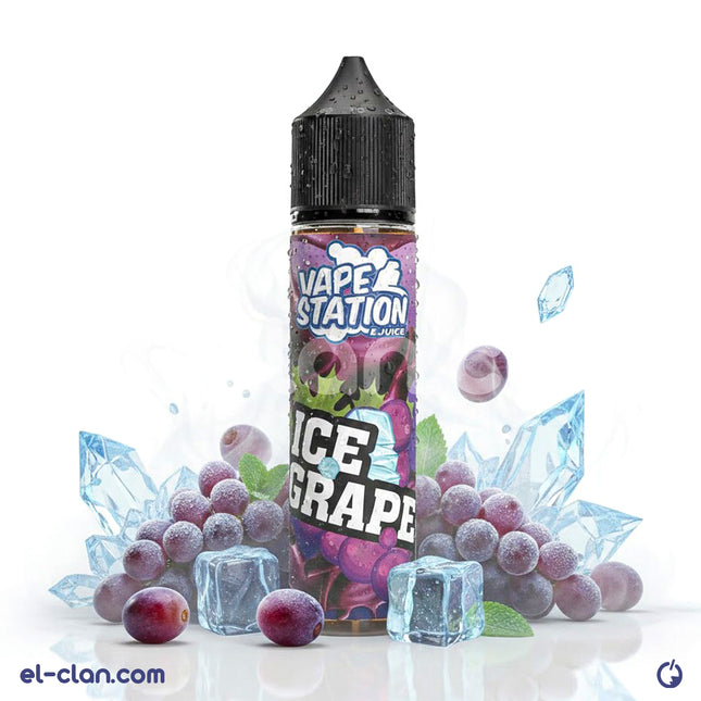 Vape Station Ice Grape e-liquid bottle with purple grape illustration, showcasing flavored vape juice for vaping devices.