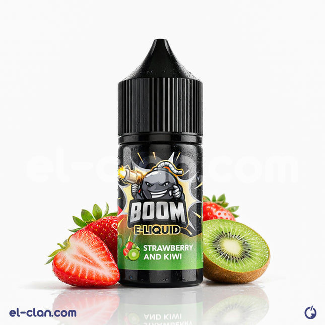 Boom Strawberry Kiwi Ice in a local vape liquid bottle, featuring fresh strawberry and kiwi flavors with a cool menthol twist.