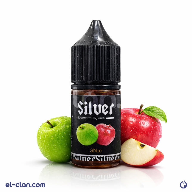 Silver E-Liquid Silver Two Apples in a vape liquid bottle, featuring a silver label with two apples illustration and flavor details.