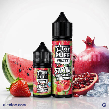 Star Puff E-juice in Strawberry, Pomegranate, and Watermelon flavor with ice, in a vape liquid bottle.