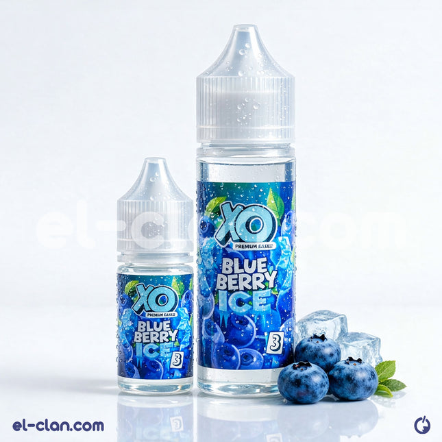 سائل فيب ليكويد XO Ice Blue Berry توت ساقع من XO E-Liquid مع عبوة زجاجية وملصق أزرق بارد، يظهر على خلفية شفافة.