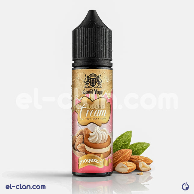 Grand Vape Magestic بسكويت لوز فيب ليكويد محلي, e-juice bottle with label showing flavor and branding.