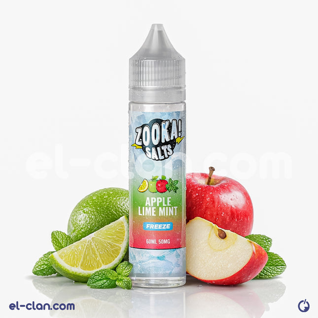 Bazooka Zooka SaltNic Freeze Apple Lime Mint vape liquid in a clear bottle, showing the colorful label and flavor details.