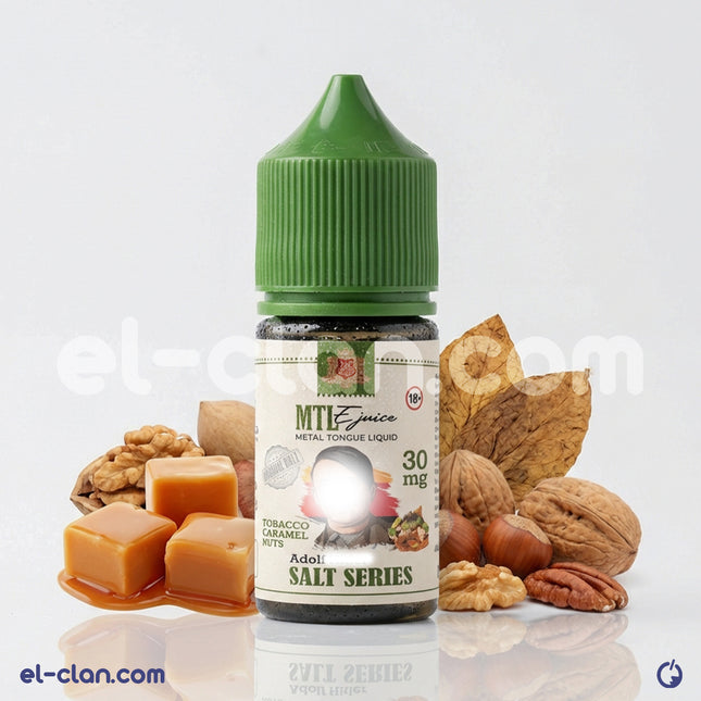 Metal Tongue e-juice Metal Tongue SaltNic tobacco caramel nuts flavored vape liquid in a clear bottle with label.