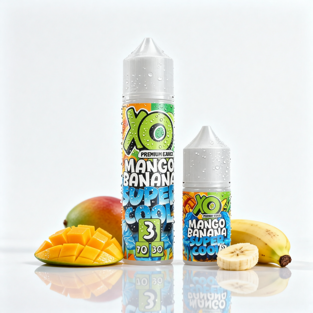 XO E-Liquid Mango Banana flavored vape liquid, featuring fresh mango and banana flavors in a local vape juice bottle.
