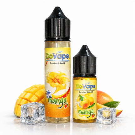 نقطة تبخير نكهة مانجو ساقعة من DoVape، فيب ليكويد محلي بنكهات فواكه استوائية باردة، على خلفية شفافة.
