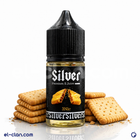Silver Biscuits بسكويت in a Silver E-Liquid vape in a clear container, showcasing the liquid's color and packaging.