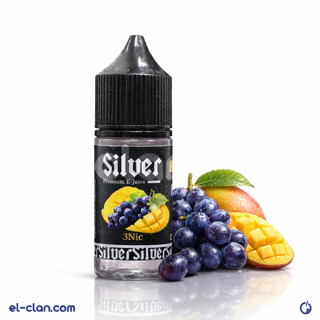 سائل فيب ليكويد مانجو عنب فضي من Silver E-Liquid بعبوة أنيقة ونكهة مانجو عنب طبيعية ومميزة