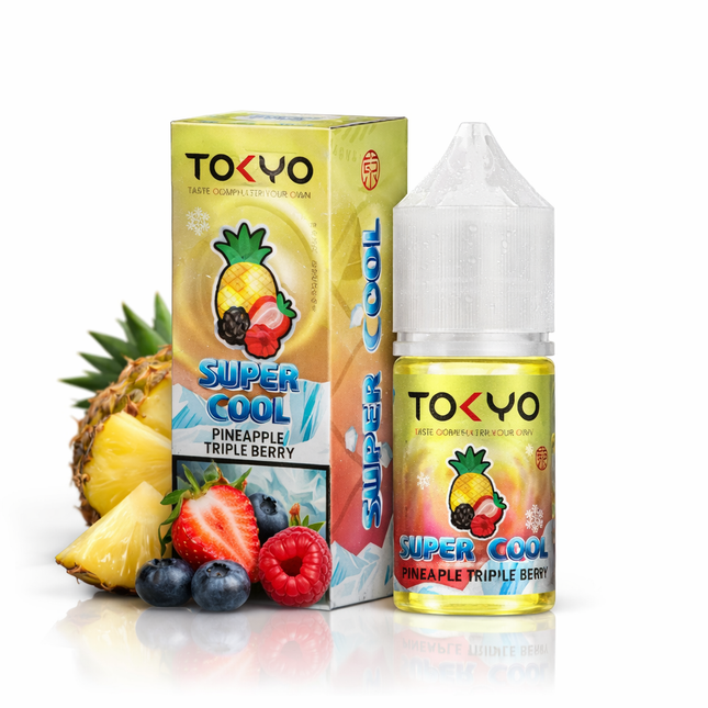 Tokyo SaltNic Super Cool Pineapple Triple Berry flavored vape liquid in a clear bottle, featuring pineapple and berry images.