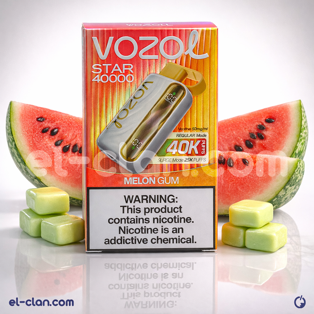 جهاز فيب ديسبوسبل Vozol Star 40K بنكهة لبان البطيخ مع تصميم أنيق وألوان زاهية.