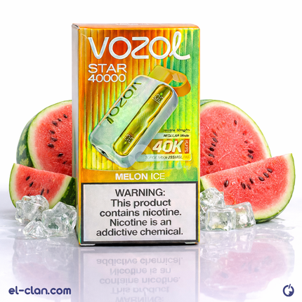 سيجارة فيب Vozol Star 40K نكهة بطيخ ساقع، عبوة ديسبوسبل مع تصميم ملون وشعار العلامة التجارية Vozol.