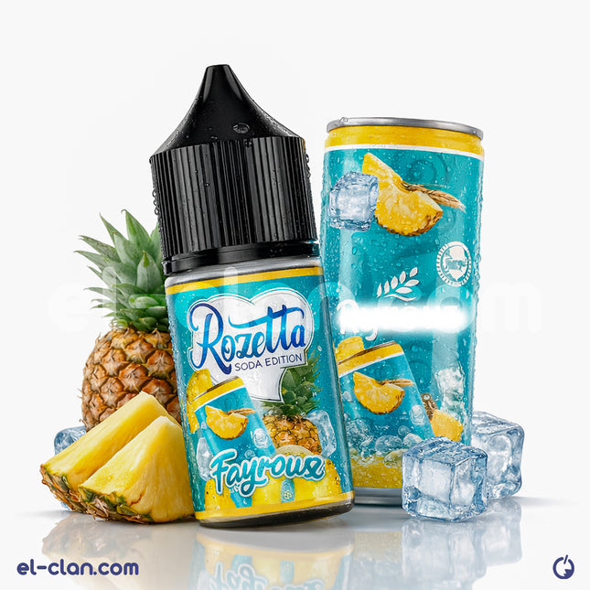 Rozetta Ice Fayrouz اناناس ساقع in a vape liquid bottle, showcasing the flavor and branding of Rozetta E-Juice for vaping.