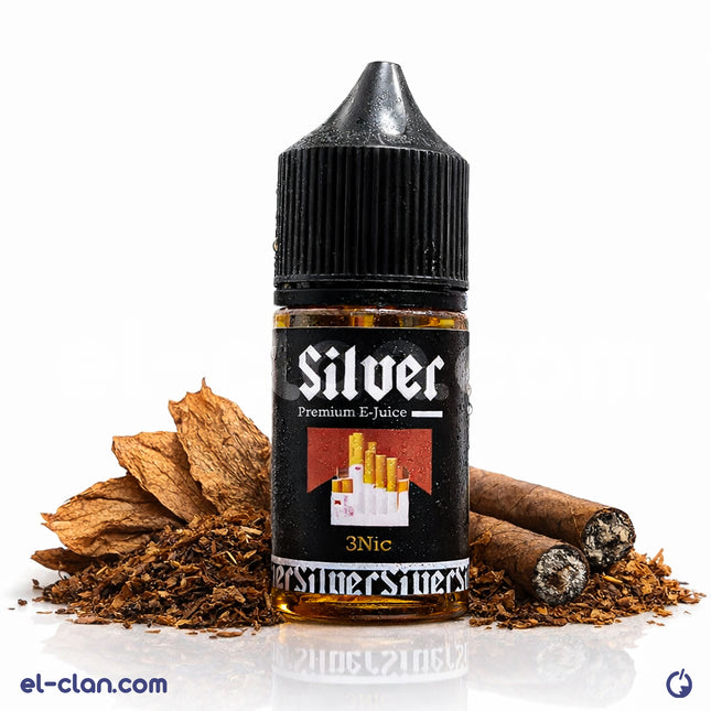 Silver E-Liquid silver and red cigarette in a transparent plastic container, showcasing vibrant colors and packaging.