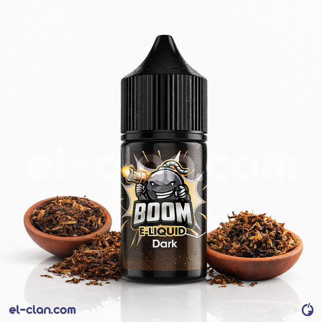 تبغ خشن من نوع Boom MTL Dark Tobacco لفيب وليكويد محلي مع عبوة زجاجية وملصق يعكس المنتج