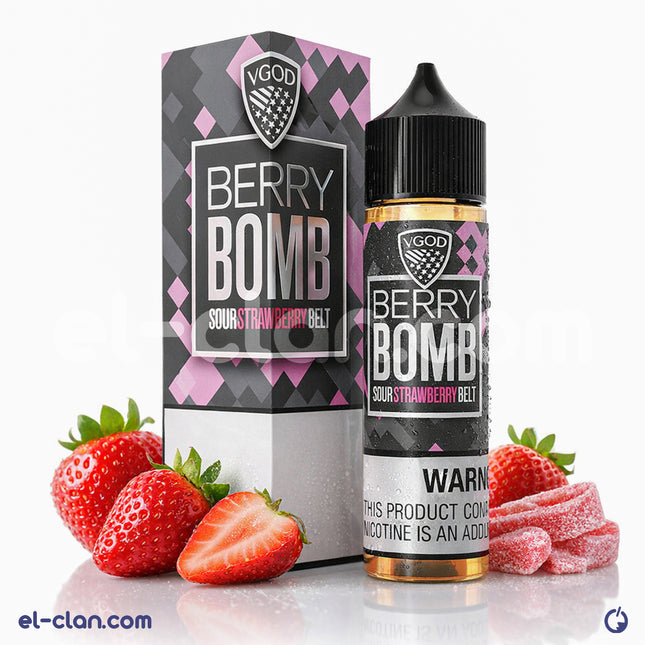 ليكويد فيب فاكهة التوت والفراولة من ماركة VGOD بعبوة Berry Bomb Strawberry، يظهر زجاجة مستوردة واضحة في الصورة
