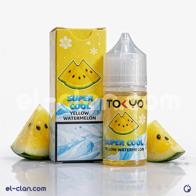 Tokyo SaltNic Super Cool Yellow Watermelon vape liquid in a bottle, featuring vibrant yellow watermelon flavor, imported vape juice.