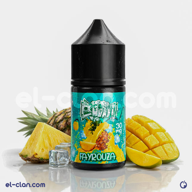 For Ca$h SaltNic Ice Fayrouza e-liquid in pineapple flavor, featuring vibrant yellow pineapple and icy mint visuals.