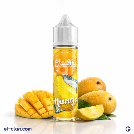 Chubby Mango ice in a vape liquid bottle by Chubby E-Juice, featuring a vibrant mango flavor with icy menthol finish.