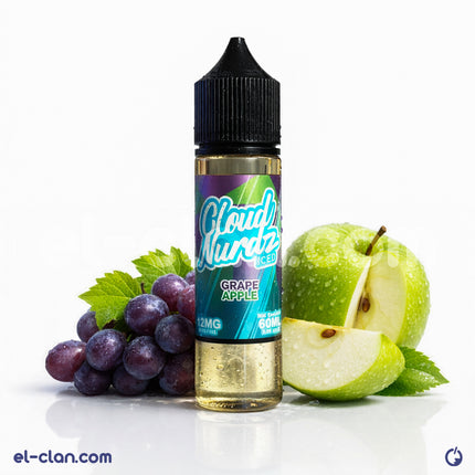 Cloud Nurdz Iced Grape Apple vape liquid in a clear bottle, showcasing vibrant purple and green flavors of grape and apple.