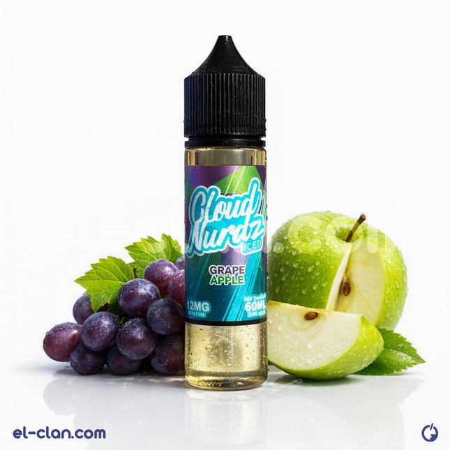 Cloud Nurdz Iced Grape Apple vape liquid in a clear bottle, showcasing vibrant purple and green flavors of grape and apple.