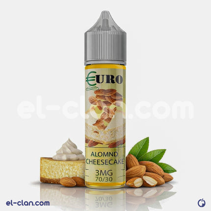 Euro Almond Cheesecake vape juice bottle labeled Euro E-Juice, flavored with almond and cheesecake, liquid nicotine product.