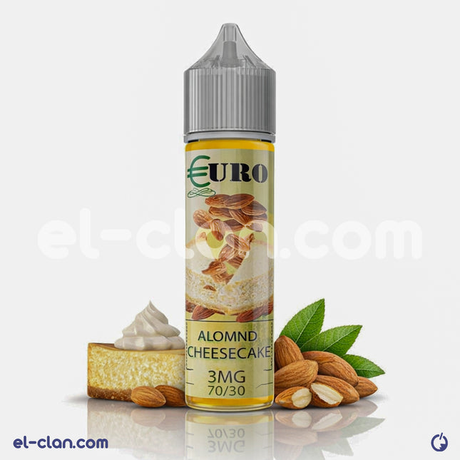 Euro Almond Cheesecake vape juice bottle labeled Euro E-Juice, flavored with almond and cheesecake, liquid nicotine product.