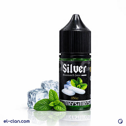 Silver E-Liquid Silver Chiclets Gum mint flavored vape in a sleek bottle with vibrant branding, showcasing the fresh mint flavor.