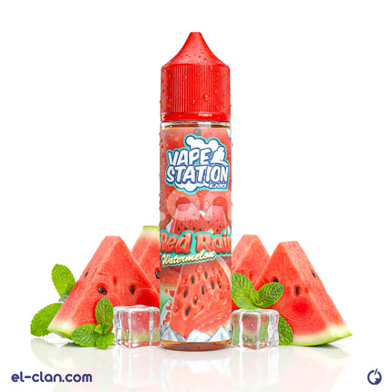 بنكه فيب ستيشن ريد رين بطيخ من ليكويد Vape Station E-Juice مع عبوة زجاجية واضحة في الصورة