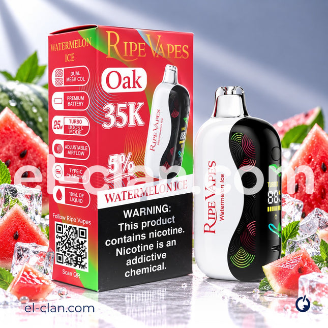فيب ديسبوسبل من RIPE VAPES نكهة بطيخ ساقع، عبوة سهلة الاستخدام مع طعم منعش ومنعش.