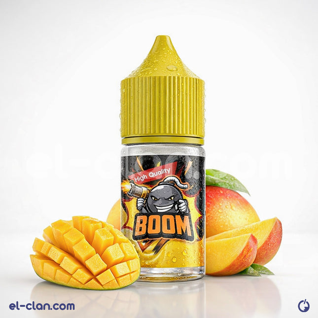 نقطة فيب مانجو ساقع من Boom E-Juice، عبوة ليكويد محلي بنكهة مانجو منعشة وساقعة في زجاجة واضحة