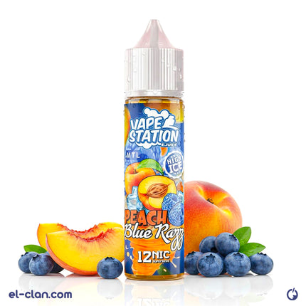 Vape Station Super Cool Peach Bluerazz flavored e-liquid in a bottle, featuring peach and blue raspberry flavor profile.