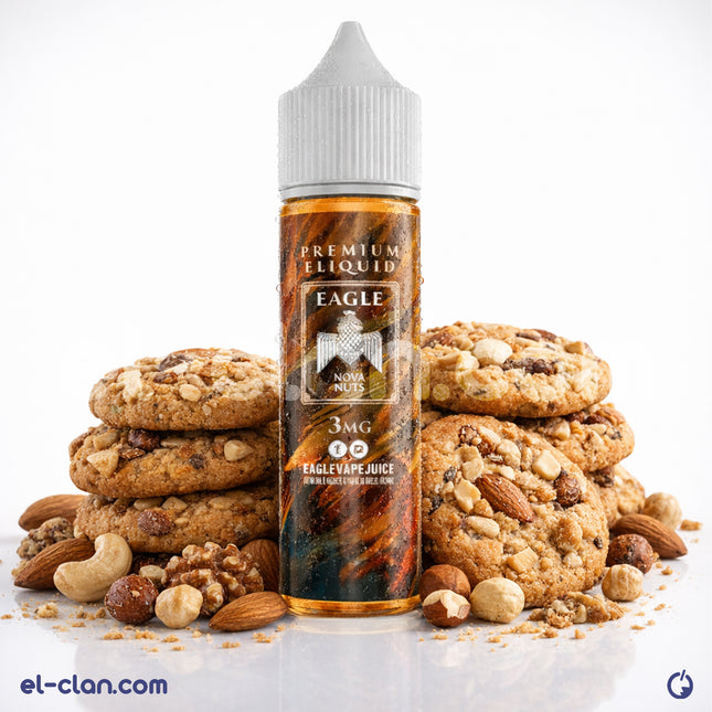 بسكويت مكسرات Eagle Bisky Nuts فيب ليكويد محلي من Eagle E-Juice يظهر عبوة مع بسكويت بالمكسرات على خلفية بيضاء