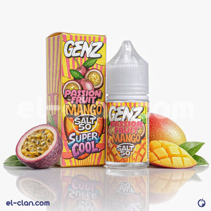سائل فيب نيكوتين نكهات مانجو وفراولة بارد من ماركة GENZ E-Juice، عبوة واضحة مع زجاجة السائل.
