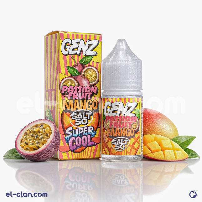 سائل فيب نيكوتين نكهات مانجو وفراولة بارد من ماركة GENZ E-Juice، عبوة واضحة مع زجاجة السائل.