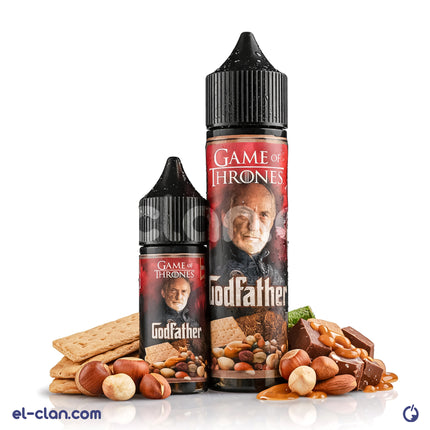 Game Of Thrones E-Juice God Father flavored vape liquid with tobacco, biscuit, and nut notes in a local vape liquid bottle.