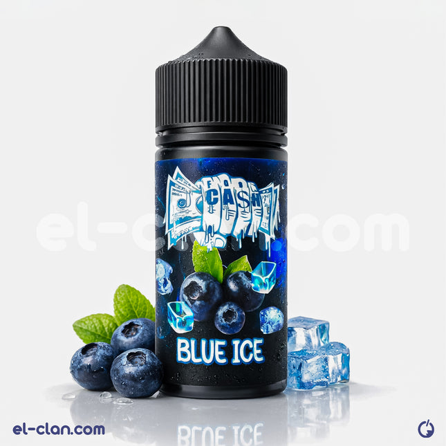 For Ca$h Blue Ice توت ساقع فيب ليكويد محلي, e-juice bottle with blue and berry flavor design, liquid inside visible.
