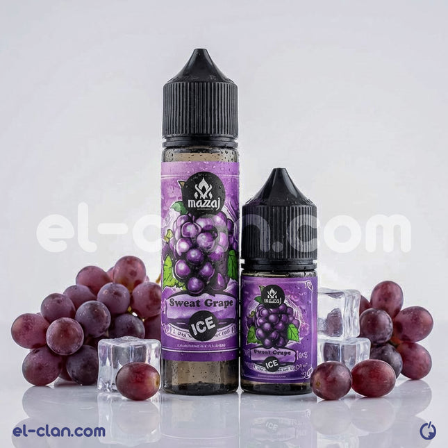 Mazaj Sweat Grape Ice flavored e-liquid from Mazaj E-Juice, featuring a vibrant image of the grape flavor liquid in a vape-compatible bottle.