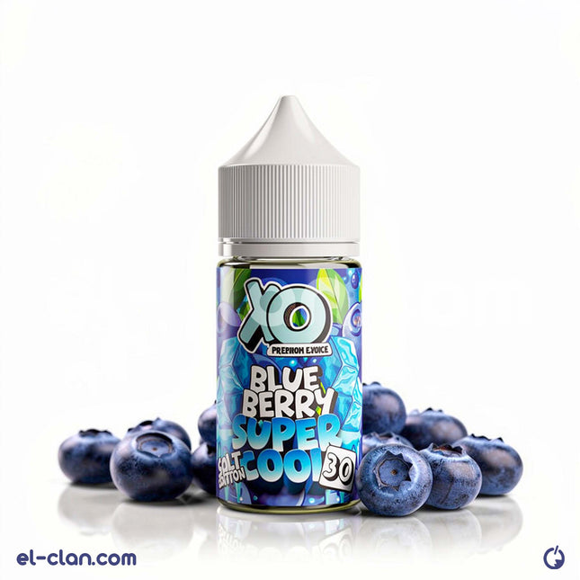 XO E-Liquid Super Cool SaltNic Blue Berry vape in a clear bottle with blue label, showing fresh blueberries and mint leaves.