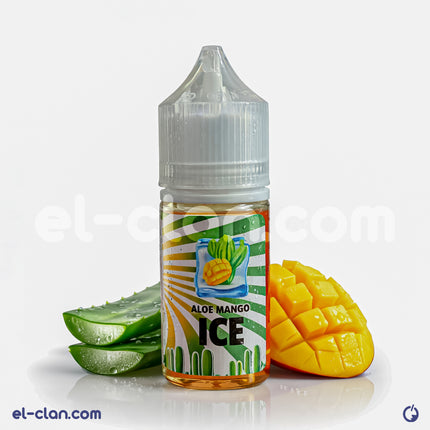 8Ball SaltNic Aloe Mango Ice vape juice in a bottle, featuring aloe, mango, and menthol flavor details.