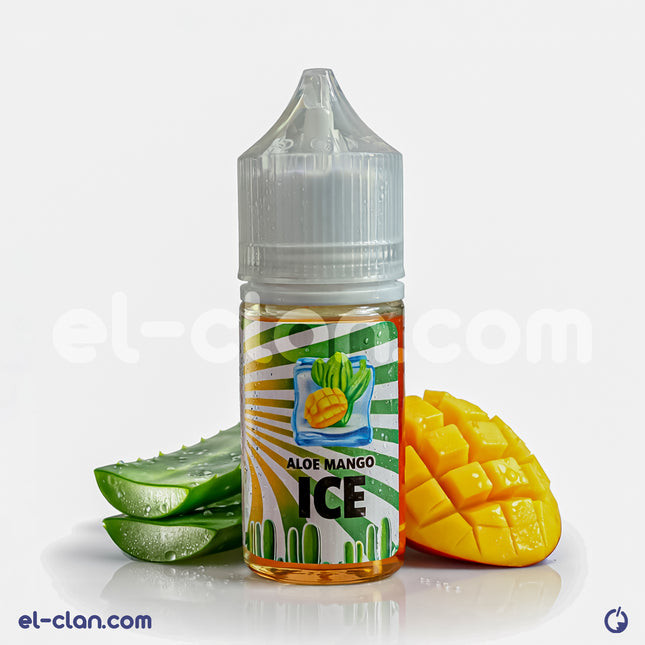 8Ball SaltNic Aloe Mango Ice vape juice in a bottle, featuring aloe, mango, and menthol flavor details.