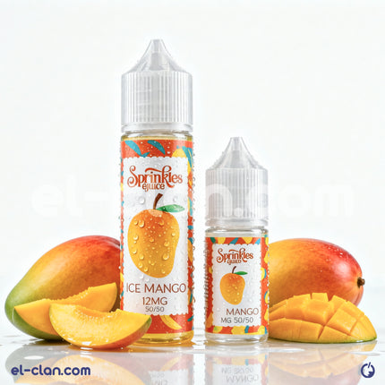 Sprinkles E-juice Mango flavored vape liquid in a clear bottle with colorful label, showcasing the in-juice flavor.