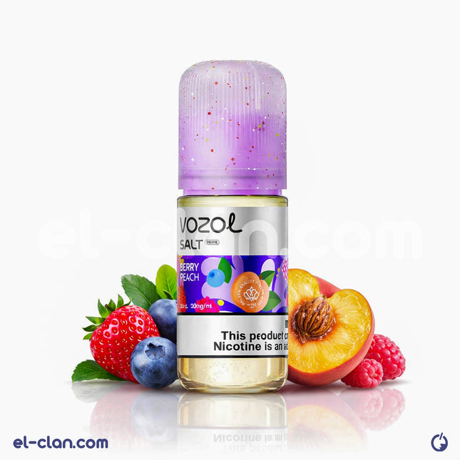 سائل فيب نيكوتين بطيعة توت خوخ من Vozol E-Juice، عبوة مستوردة لنكهات التوت والخوخ في عبوة أنيقة
