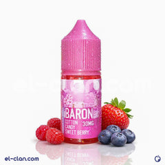 Baron SaltNic Ice Cotton Candy Sweet Berry فيب ليكويد محلي with colorful cotton candy and berry flavor vape liquid in a bottle.