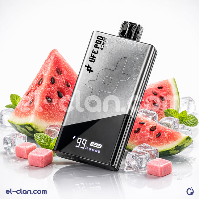 فيب بوب بسكوت من Life Pod نكهة بطيخ ومصاص ماء، منتج ديسبوسبل، يظهر في الصورة بشكل واضح.