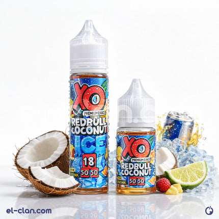 مشروب طاقة جوز الهند من XO E-Liquid فيب ليكويد محلي، عبوة سائلة برتقالية مع غطاء أبيض.