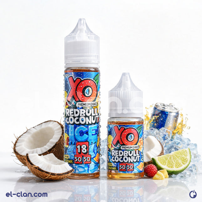 مشروب طاقة جوز الهند من XO E-Liquid فيب ليكويد محلي، عبوة سائلة برتقالية مع غطاء أبيض.