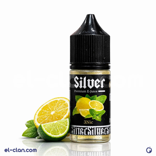 Silver Lemon Mint فيب ليكويد من Silver E-Liquid, showcasing a sleek bottle with lemon and mint flavor labels.