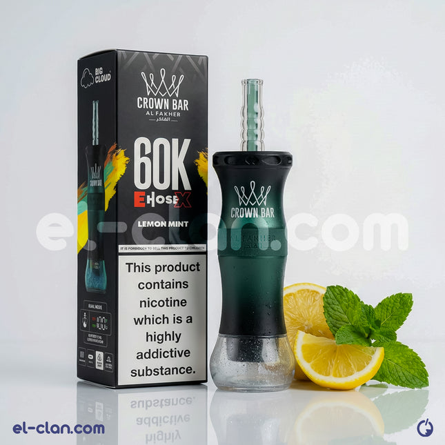 Al Fakher Disposable E Hose 60K Lemon Mint flavored in a sleek, black disposable vape device with branding and clear design.