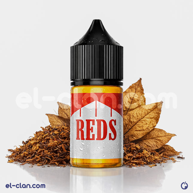 Reds SaltNic liquid in a vape vape, tobacco flavor, by Reds & Yellows e-juice, showing the e-liquid bottle and packaging.