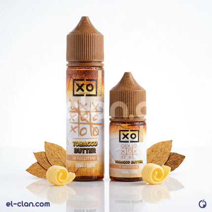 زبدة توباكو XO فيب وليكويد محلي من XO E-Liquid تظهر في عبوة بلاستيكية مع شعار العلامة التجارية